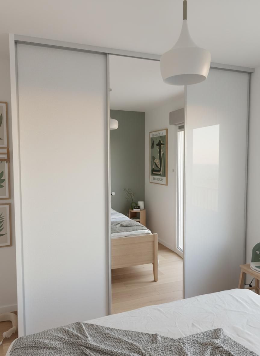 placard dans chambre avec 3 vantaux dont vantail central miroir
