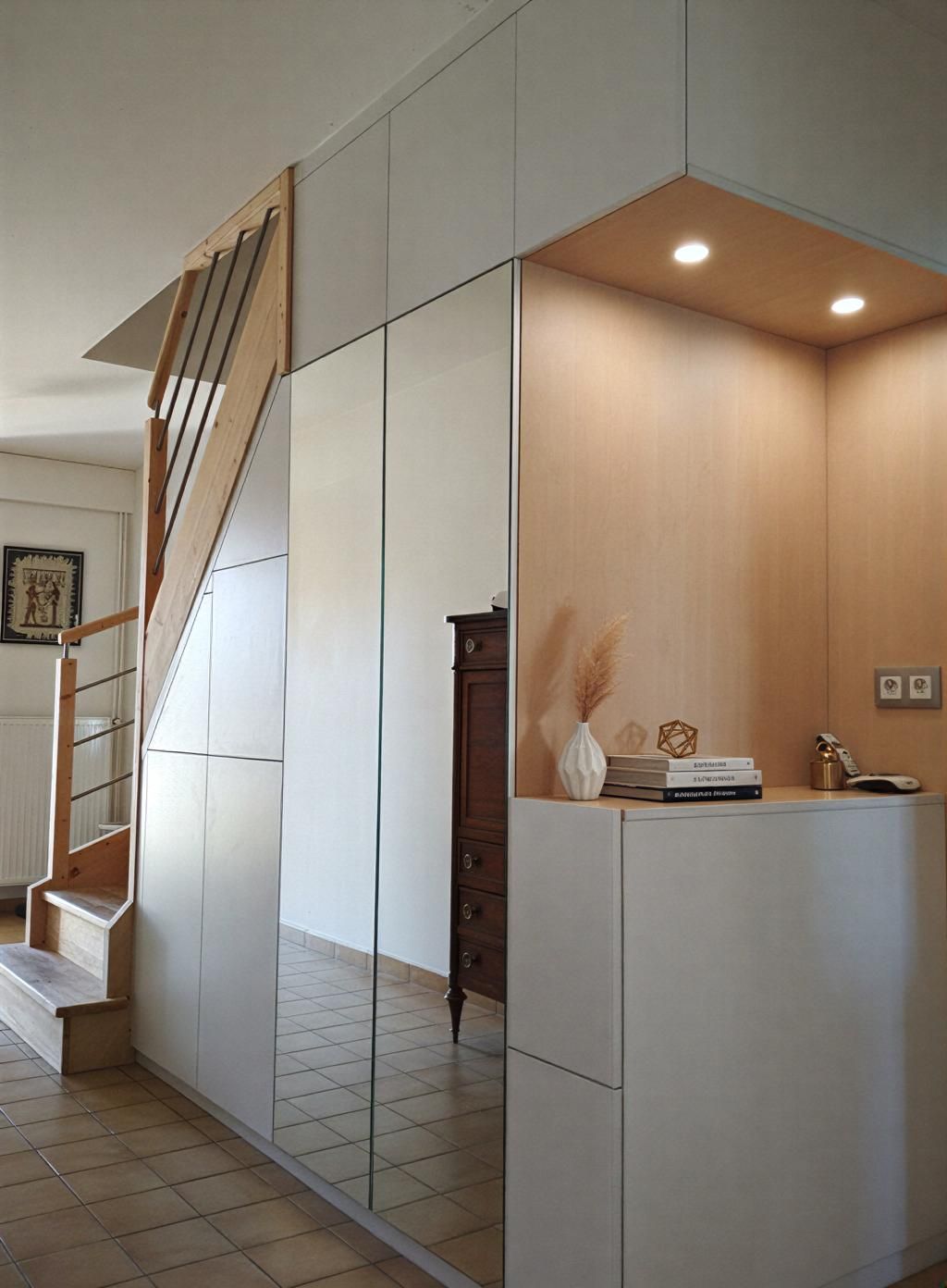 Placard blanc intégré avec étagères, tiroirs et tringles à vêtements. Vue intérieure avec parquet imitation bois.