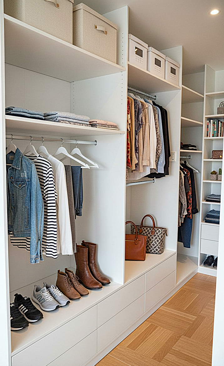 Dressing avec étagères intégrées et tringles de suspension remplies de vêtements, de chaussures et d'accessoires.