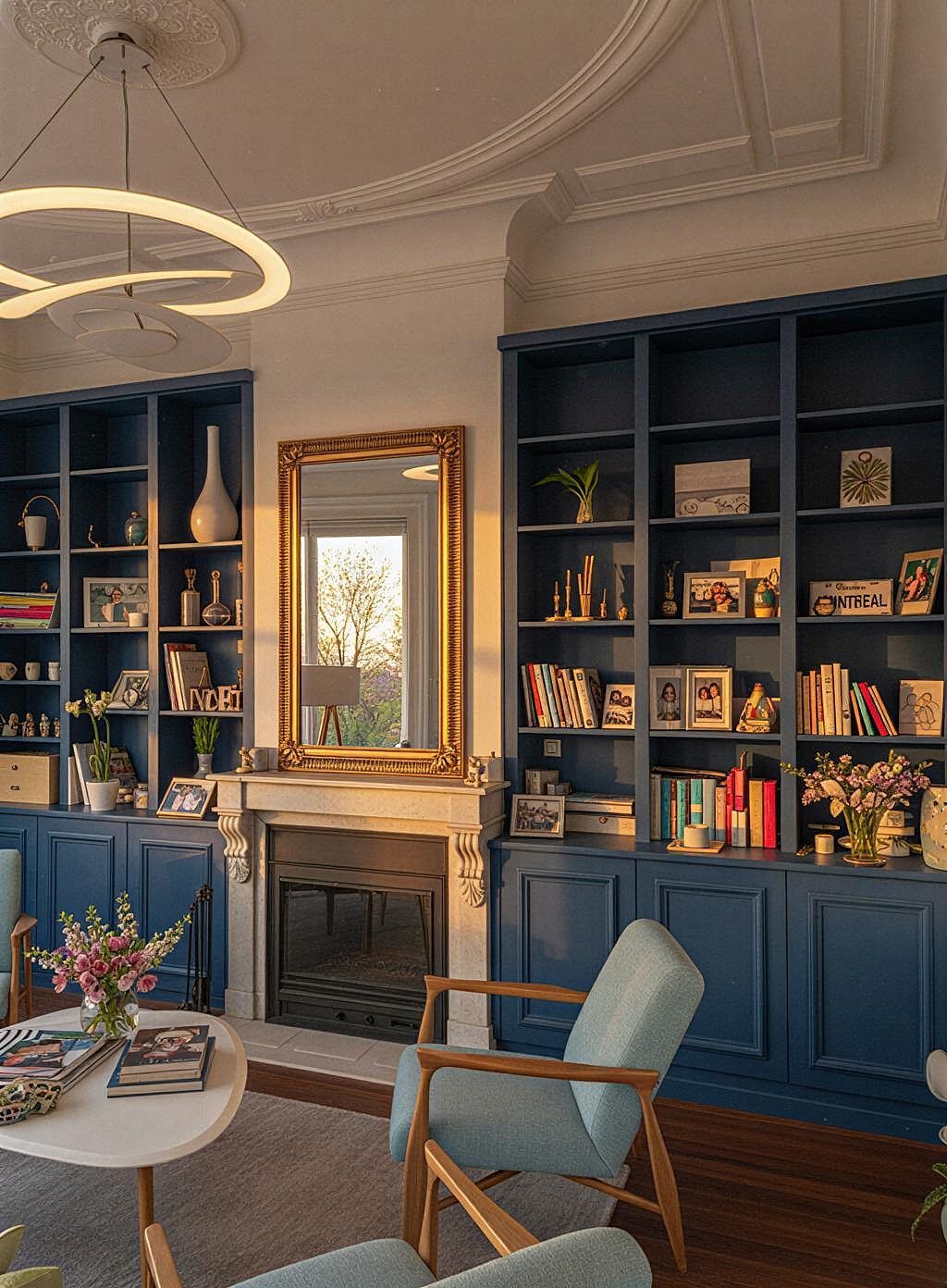 Étagères bleues intégrées remplies de livres, au-dessus d'un bureau et d'une chaise dans une pièce avec un rideau.