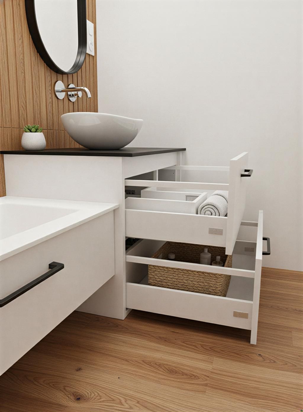 Meuble-lavabo à flottant en bois avec comptoir en marbre et robinet, installé dans une salle de bains.