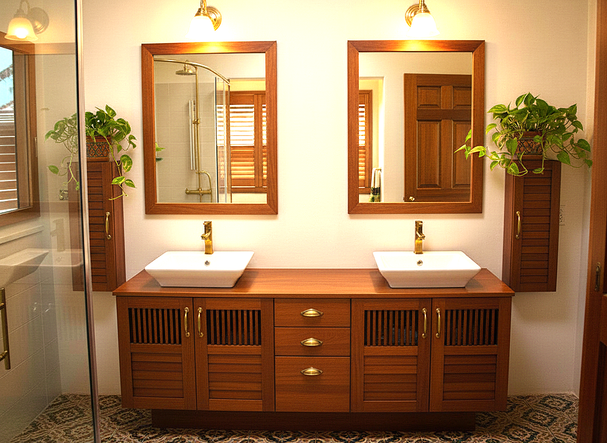 Meuble-lavabo de salle de bains avec armoire en bois, accents noirs et miroir rectangulaire.