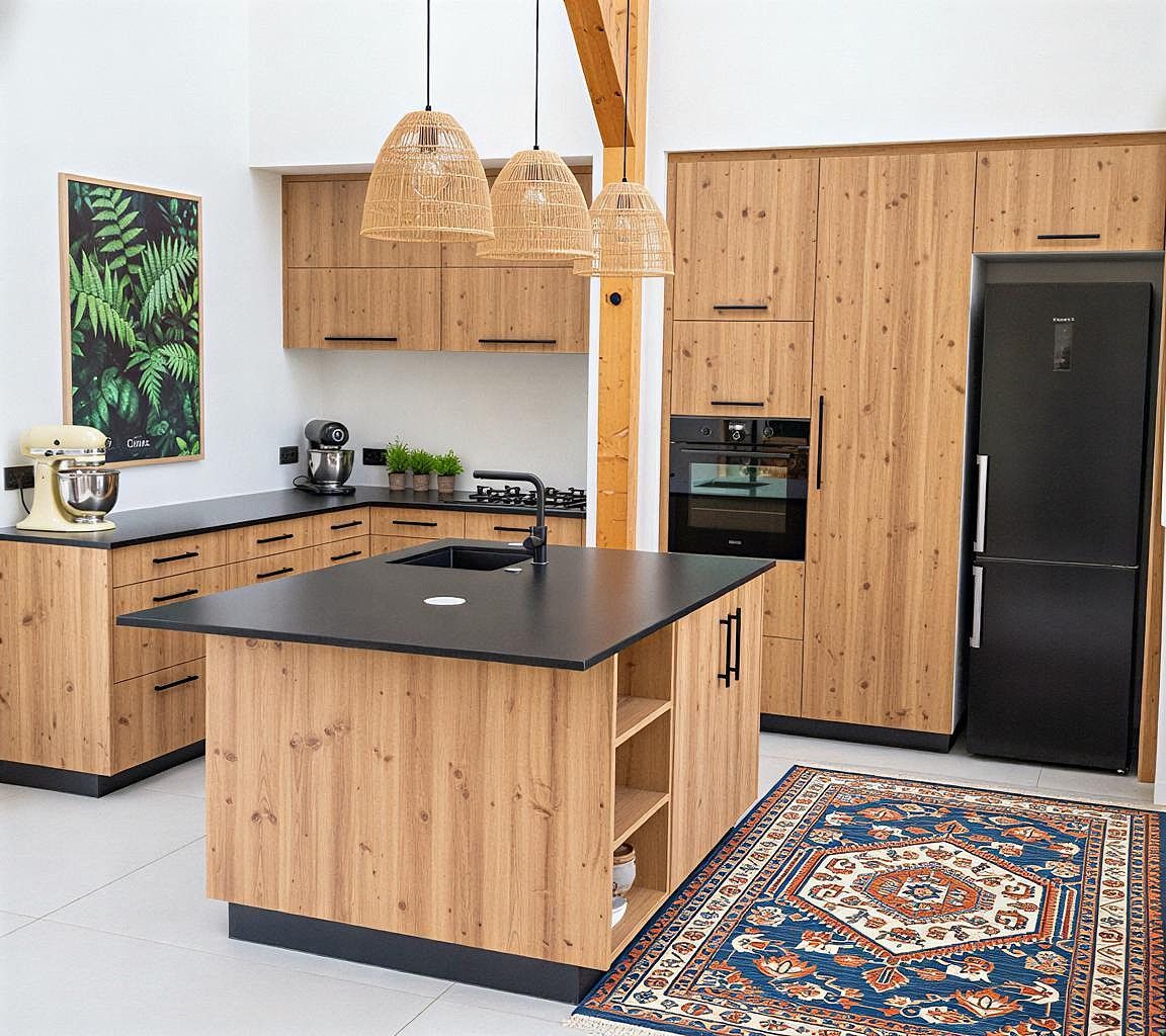 Cuisine moderne avec armoires en bois clair, comptoirs noirs et îlot central.