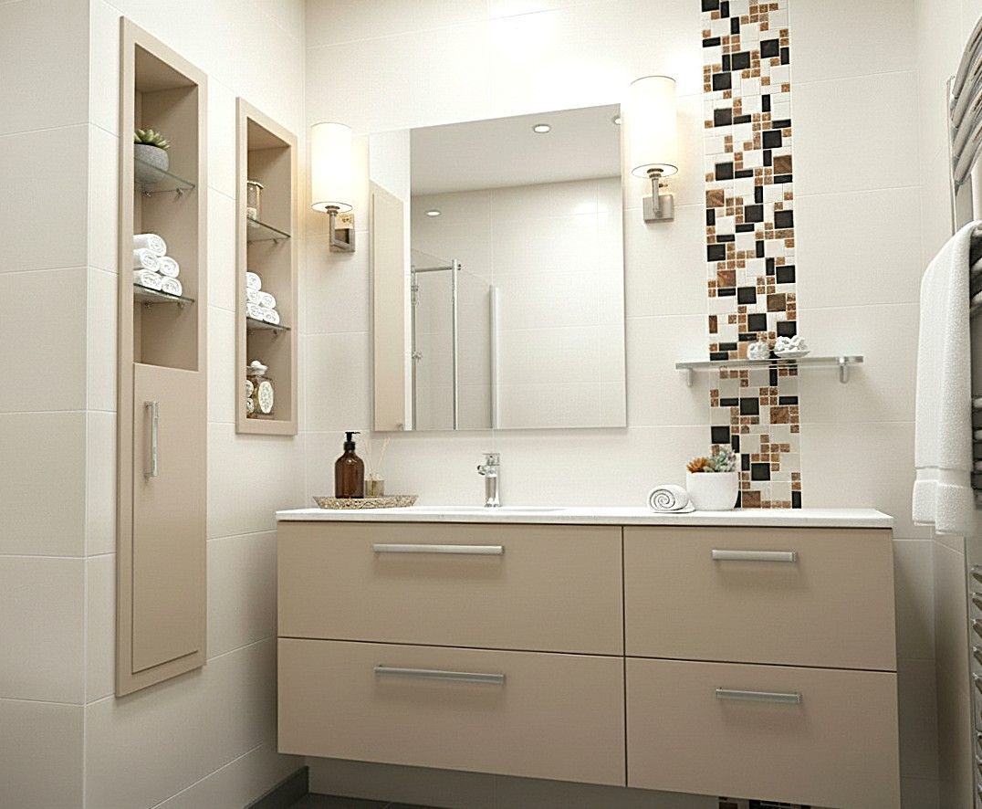 meuble de salle de bain et placard beiges avec miroir