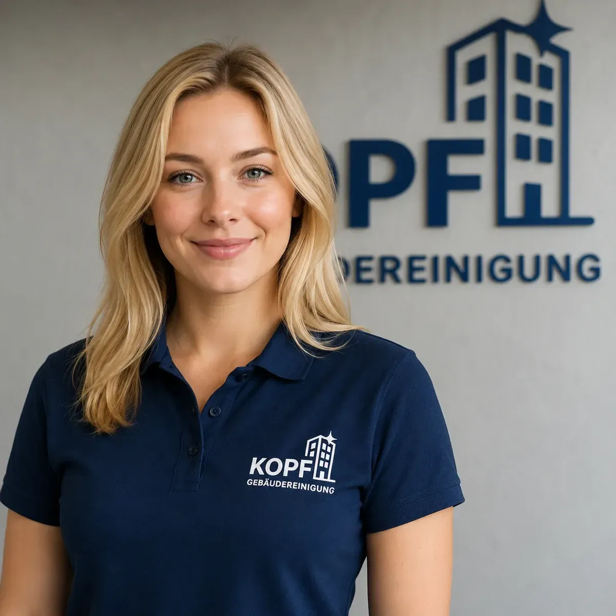 Servicemitarbeiterin der Kopf Gebäudereinigung im Firmen-Poloshirt