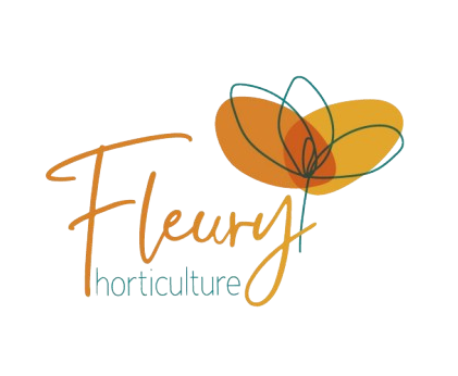Logo de Fleury Horticulture avec une fleur orange abstraite et un texte de style manuscrit.