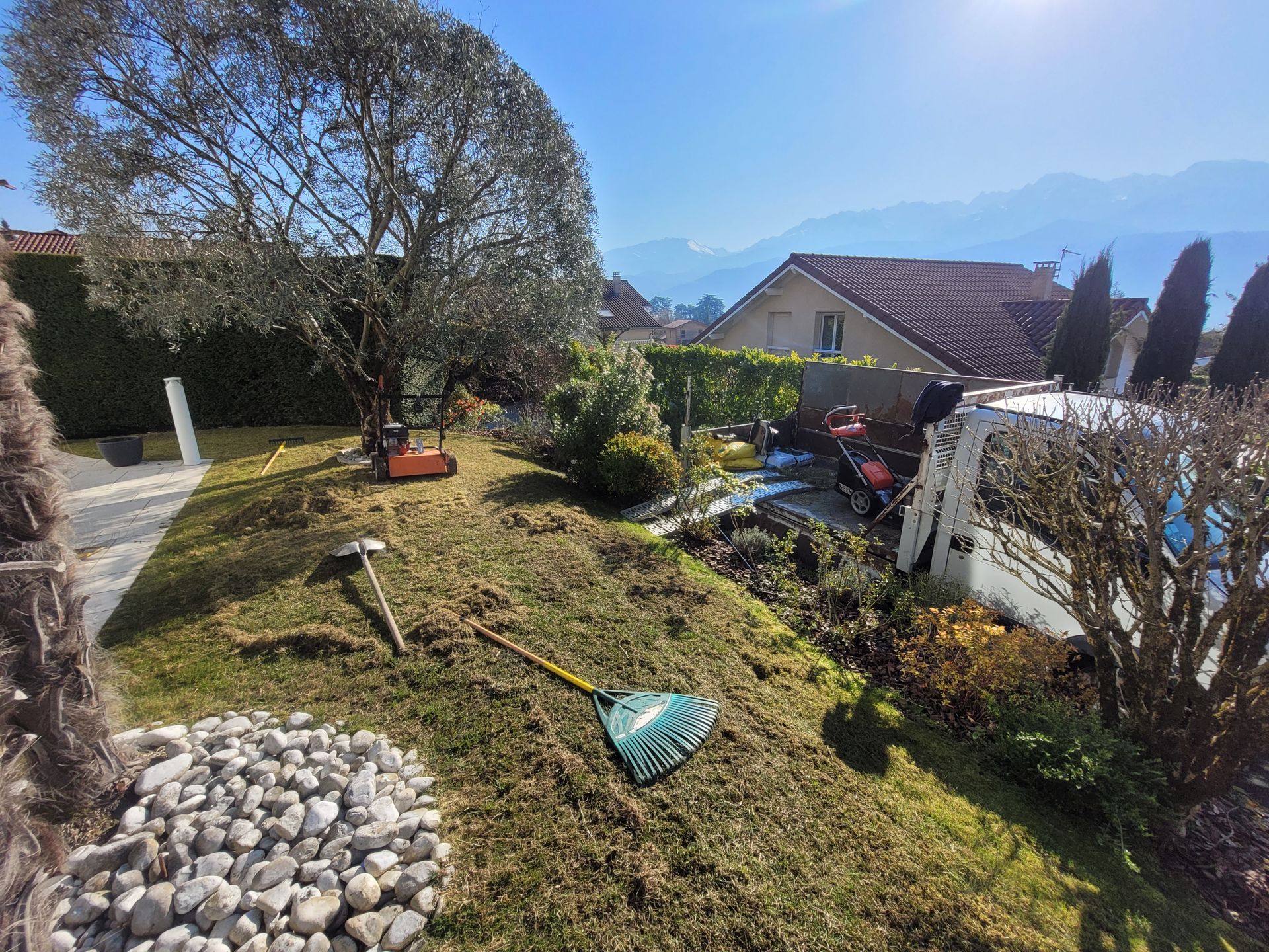 Jardin arrière avec une pente herbeuse, des arbres, des fleurs, des rochers et une vue sur les montagnes au loin.