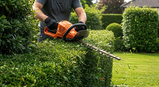Une personne taille une haie verte avec un taille-haie électrique orange dans un jardin.