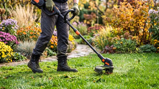 Une personne utilise un coupe-bordures pour tondre la pelouse d'un jardin coloré.