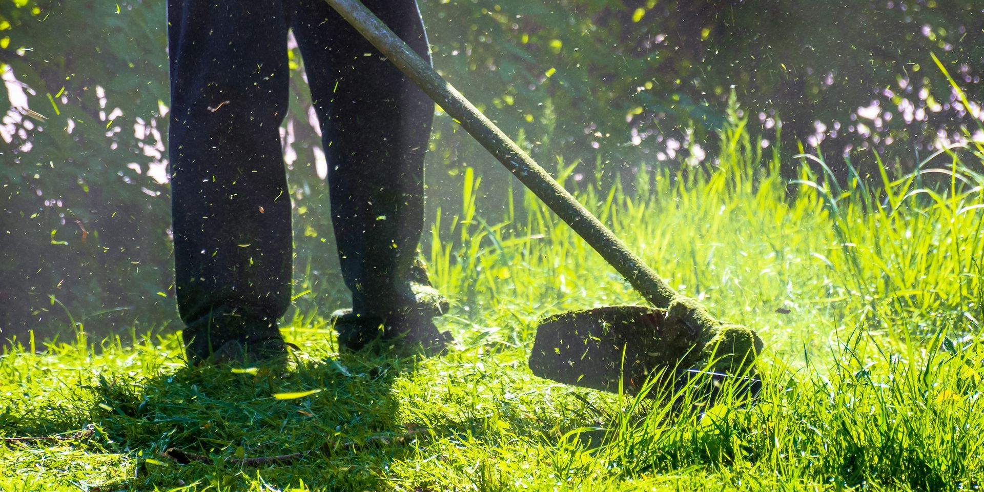 Une personne tond de hautes herbes avec un coupe-bordures dans une cour ensoleillée