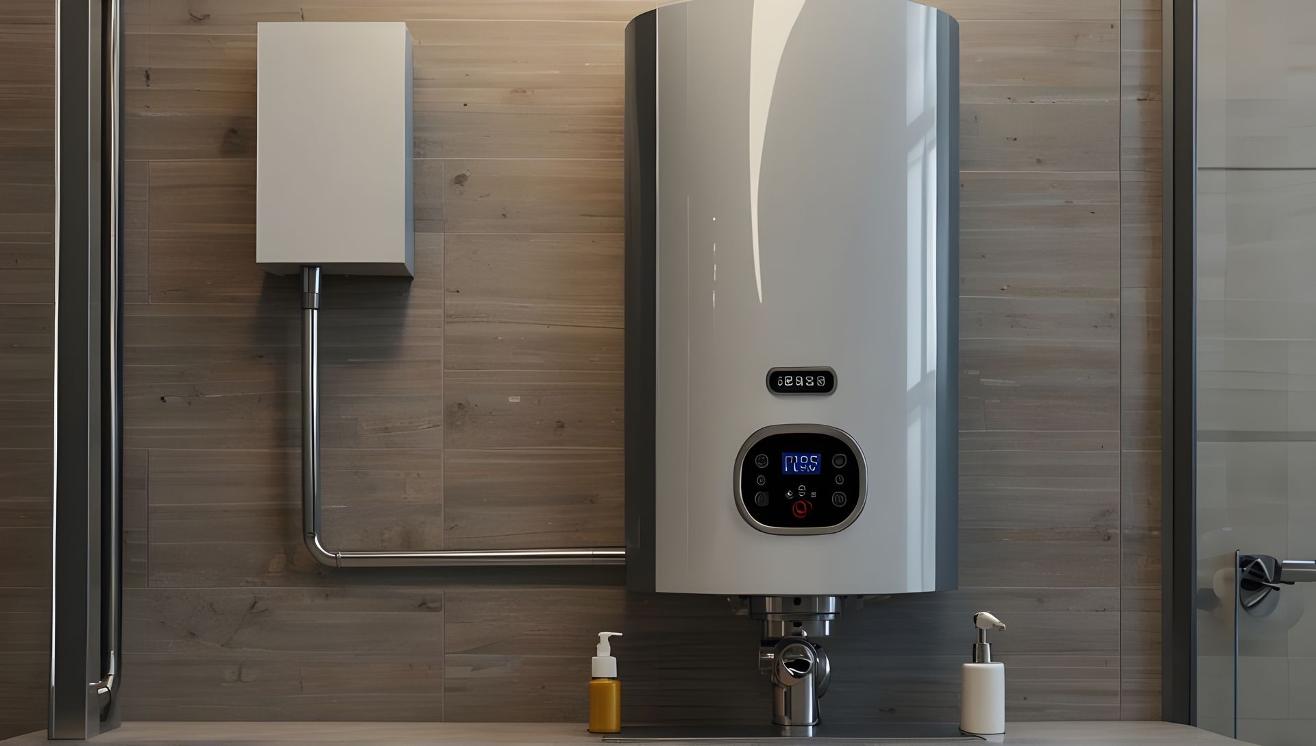 Chauffe-eau blanc contre un mur marron