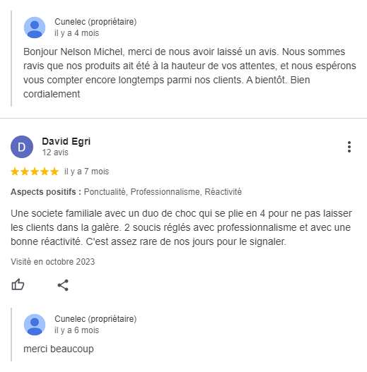 Avis Google de l'entreprise Cunelec