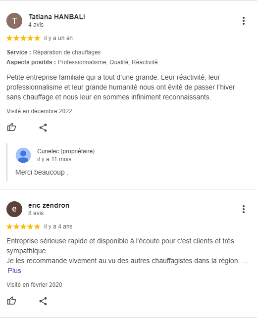 Les avis Google de notre entreprise