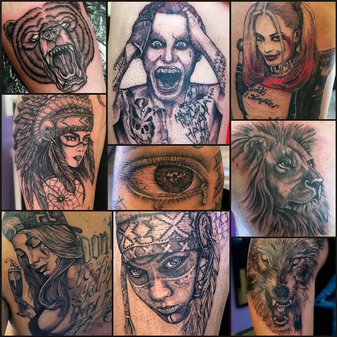 Un collage di tatuaggi sul braccio di una persona, inclusa Harley Quinn