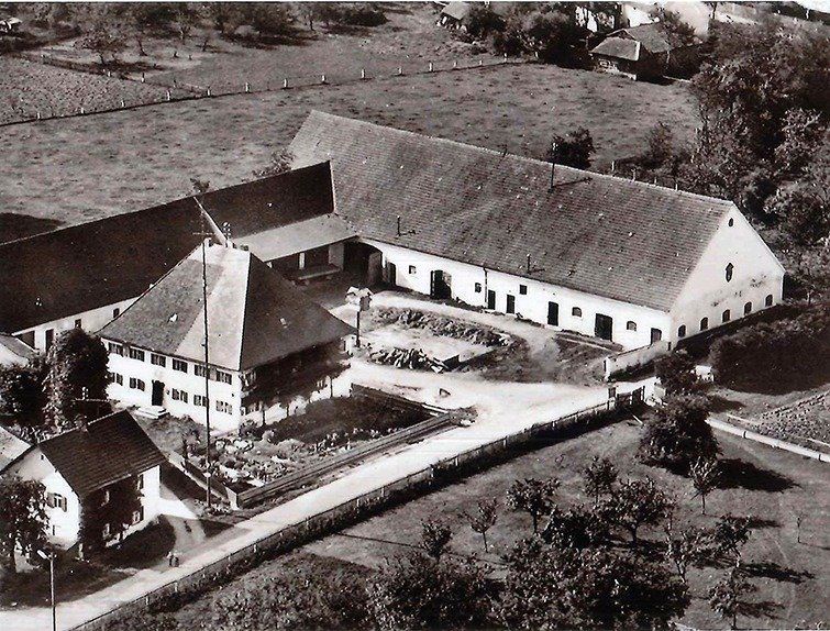 Luftaufnahme eines großen Bauernhauskomplexes mit mehreren Gebäuden und einer langen Straße, die sich durch das Grundstück schlängelt.