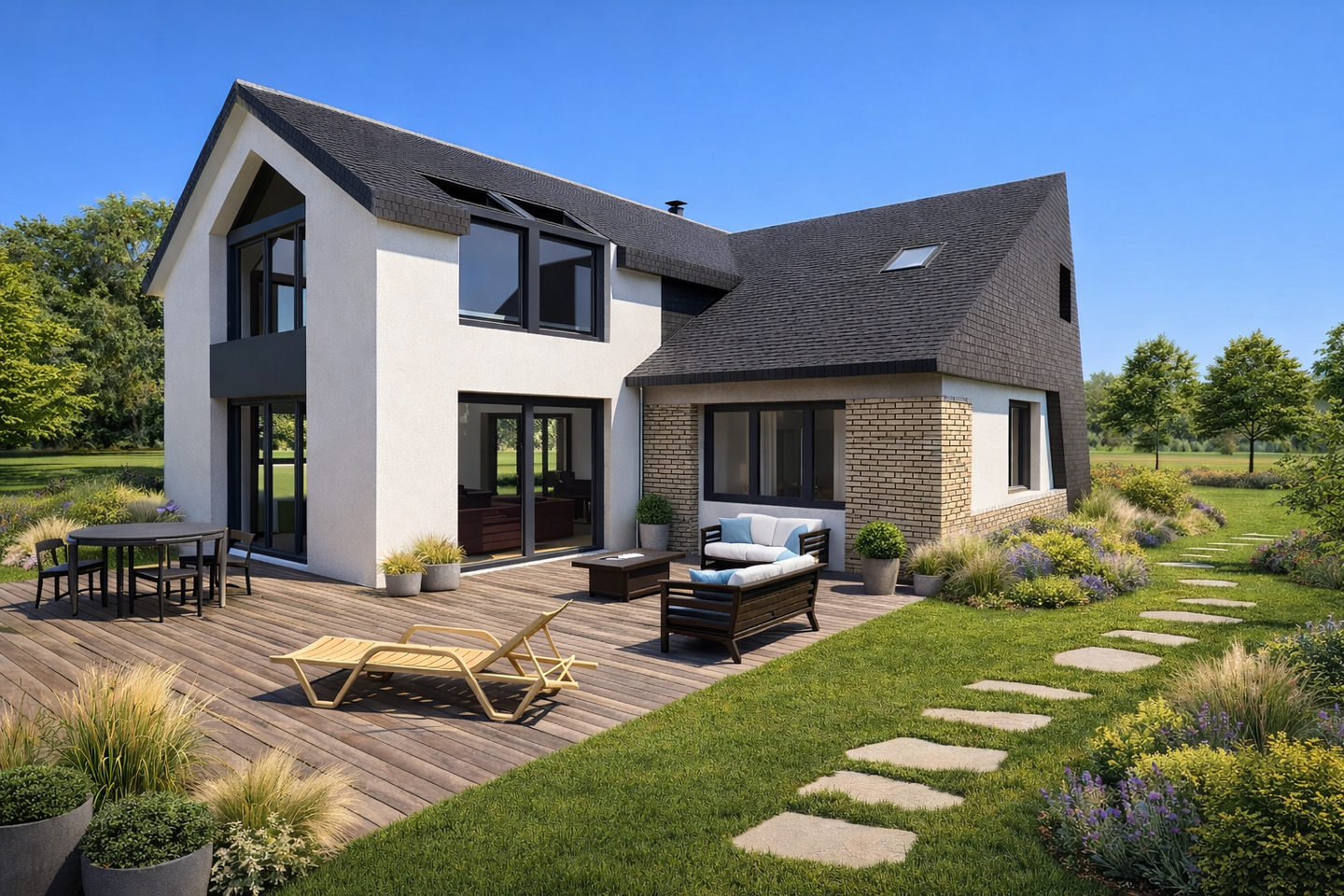 Maison moderne à deux étages avec terrasse, allée en pierre et jardin paysager ensoleillé.