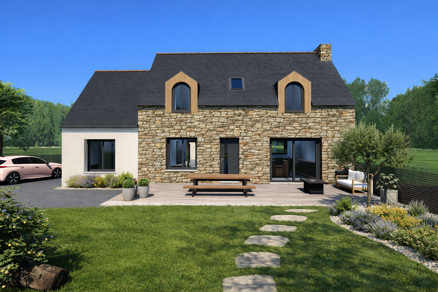 Gros plan sur une façade de maison en pierre