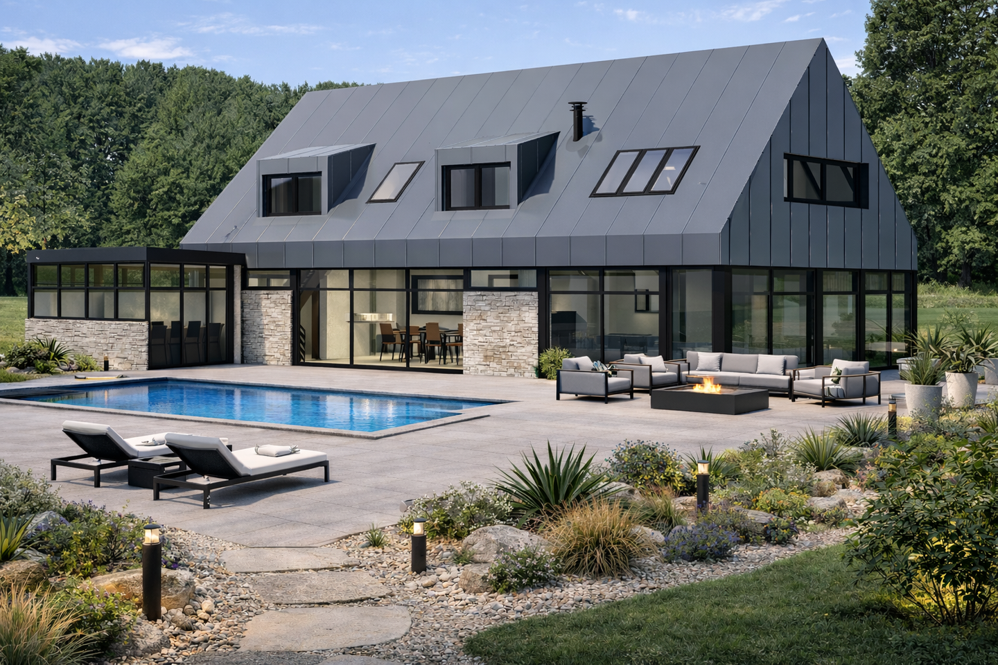 Maison grise moderne avec piscine, terrasse et jardin paysager