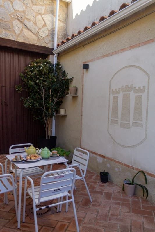 Una planta en maceta está sentada en un patio al lado de un edificio.
