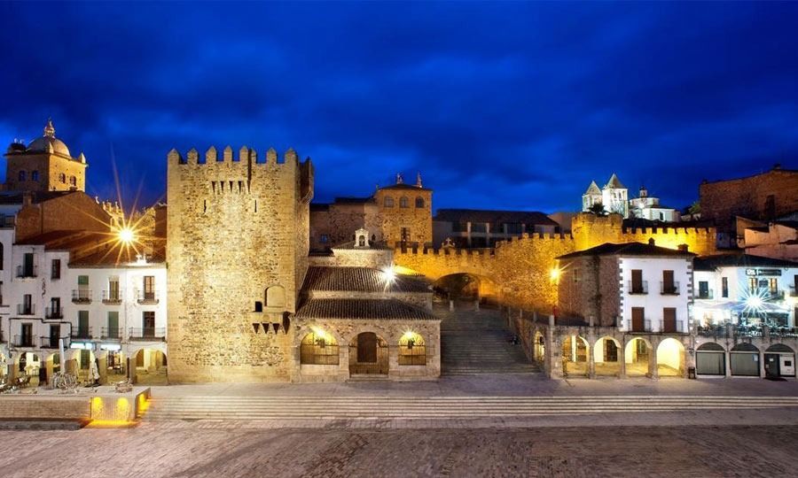 Una ciudad de noche con un castillo al fondo