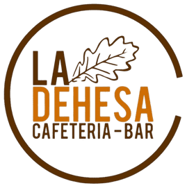 Logo circular marrón y naranja de La Dehesa Cafetería-Bar con hoja de roble