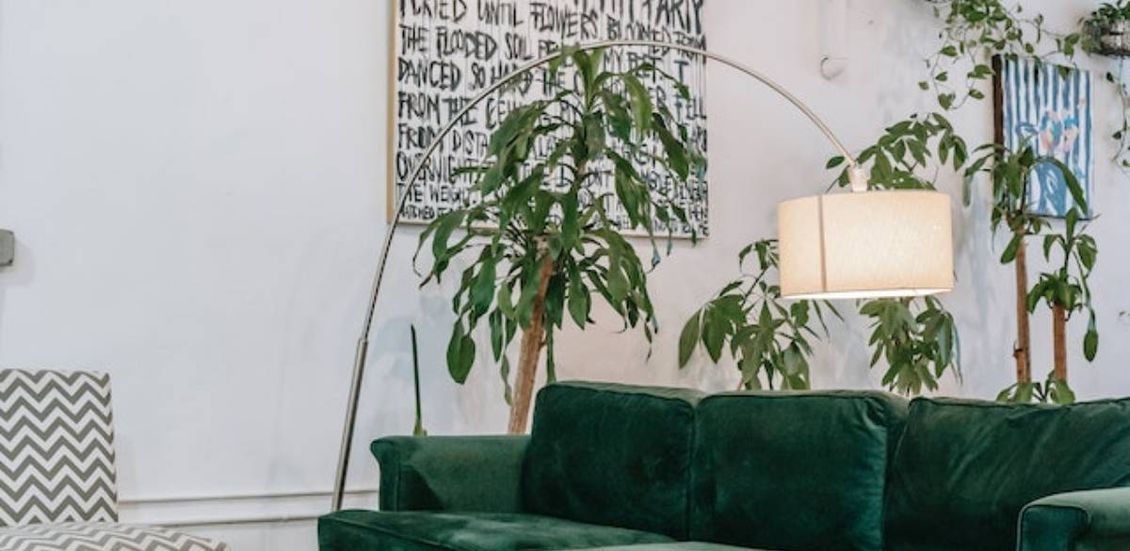 Una sala de estar con un sofá verde y una lámpara.