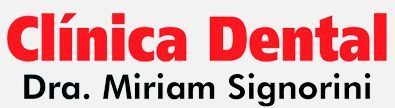 Logo de Clínica Dental con texto rojo “Clínica Dental” y negro “Dra. Miriam Signorini” sobre fondo blanco