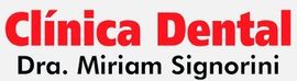 Logo de Clínica Dental con texto rojo “Clínica Dental” y negro “Dra. Miriam Signorini” sobre fondo blanco