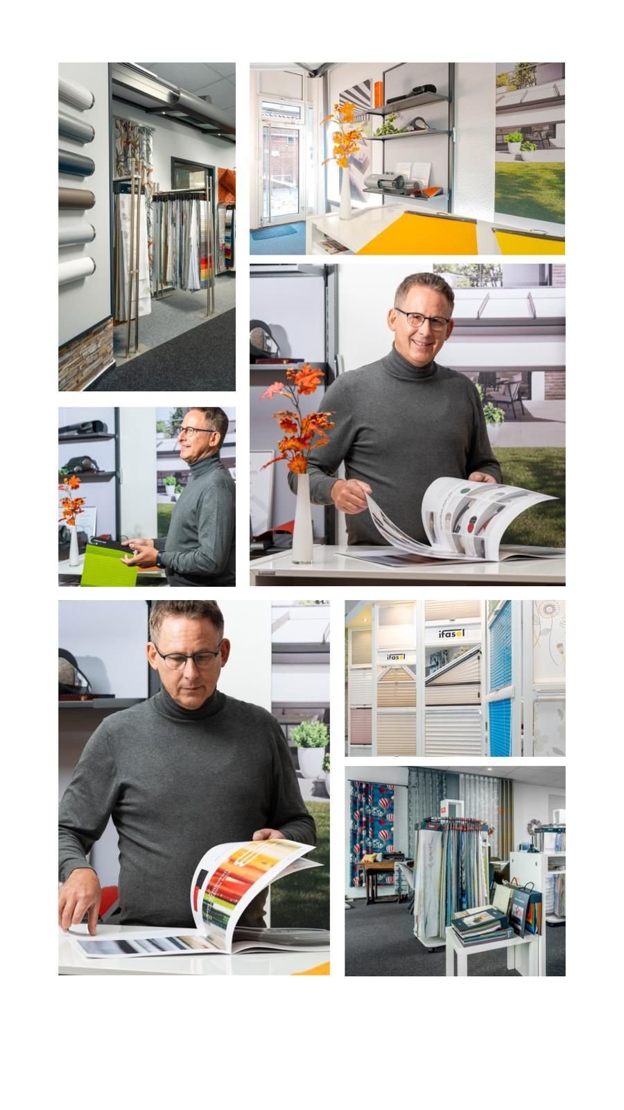 Eine Collage aus Fotos eines Mannes in einem Geschäft.