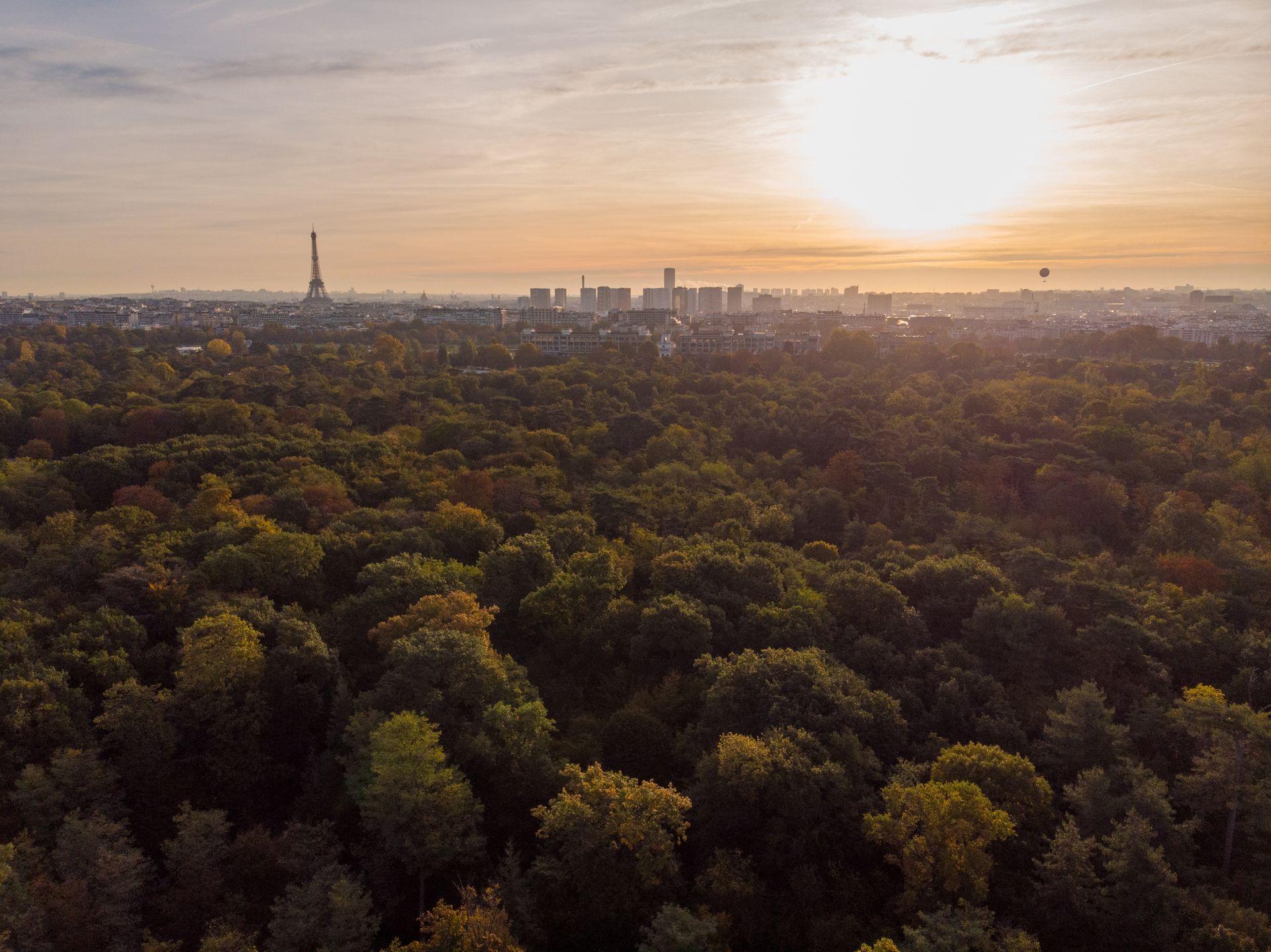 Coucher de soleil sur la silhouette d'une ville avec des arbres au premier plan. Une montgolfière est visible.