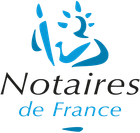 Logo de Notaires de France avec une figure bleue abstraite et du texte.