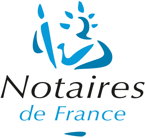 Logo de Notaires de France avec une figure bleue abstraite et du texte.
