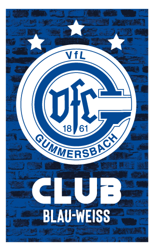 Logo des VfL Gummersbach, blau-weiß. Es steht auf blauem Ziegelgrund. Mit Aufschrift „DFC 1861“ und Sternen.