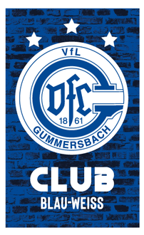 Logo des VfL Gummersbach, blau-weiß. Es steht auf blauem Ziegelgrund. Mit Aufschrift „DFC 1861“ und Sternen.