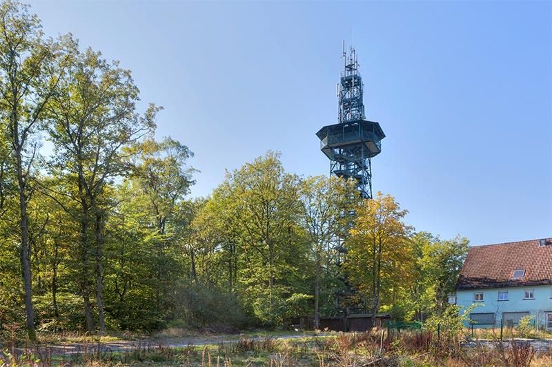 Ein Turm mitten in einem Wald mit einem Haus im Hintergrund