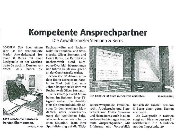 Ein Zeitungsartikel über die Rechtsanwalts- und Fachanwaltskanzlei  Oliver Stemann