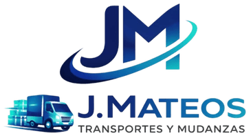 Logotipo de J. Mateos transportes y mudanzas con un icono de una furgoneta de mudanzas naranja y azul.