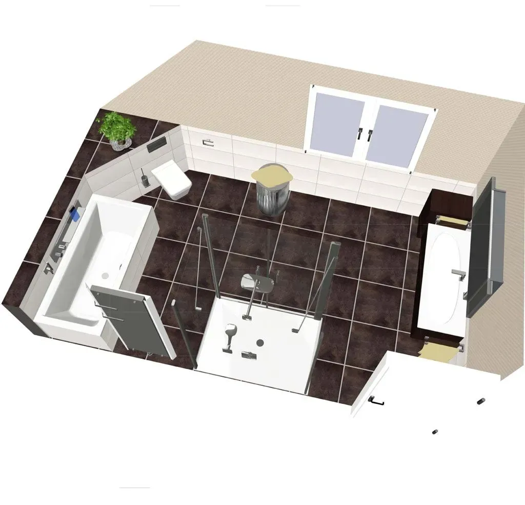 3D Planung eines dunklen Badezimmers (draufsicht)