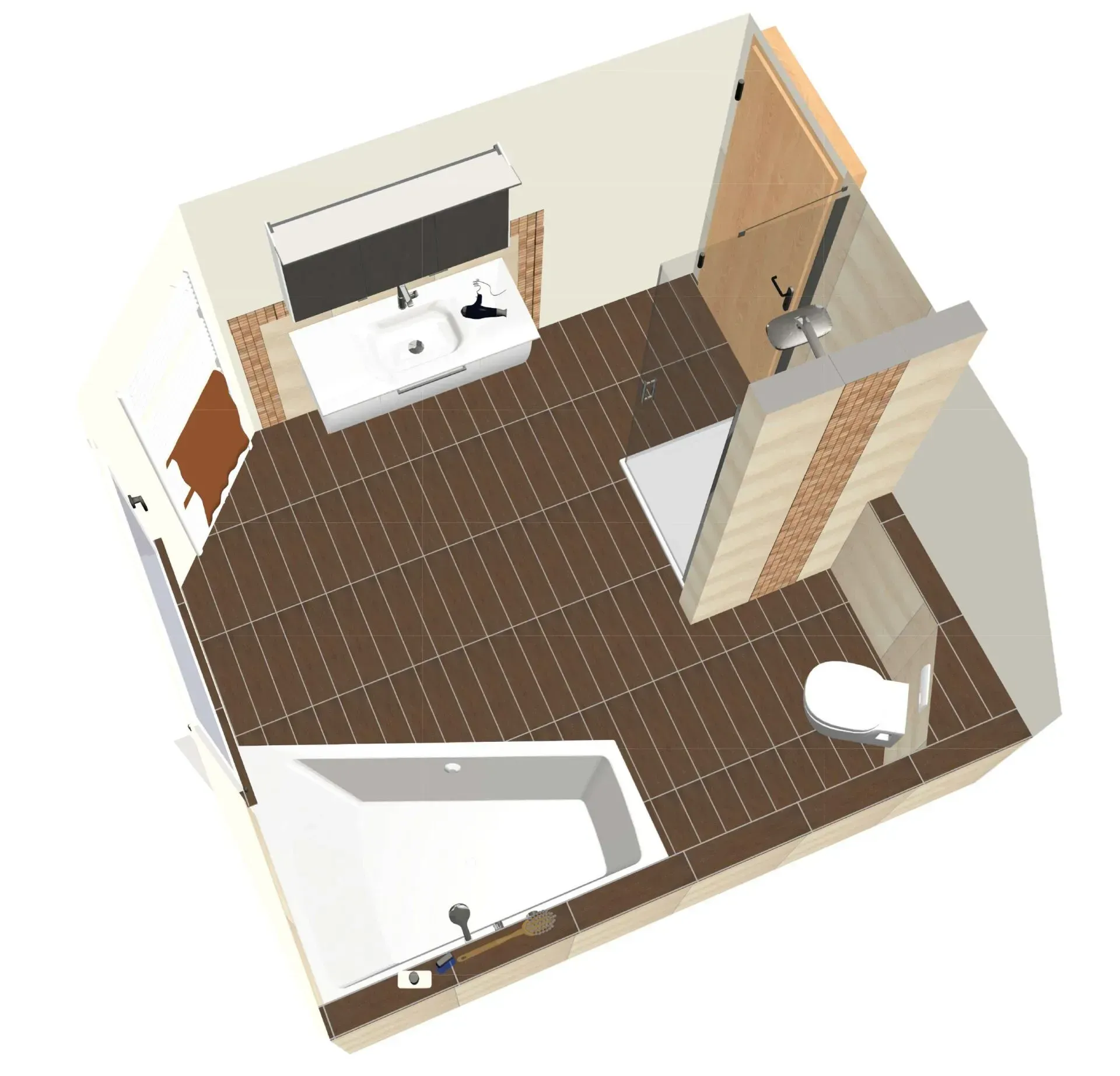 3D Planung eines hellen Badezimmers (draufsicht)