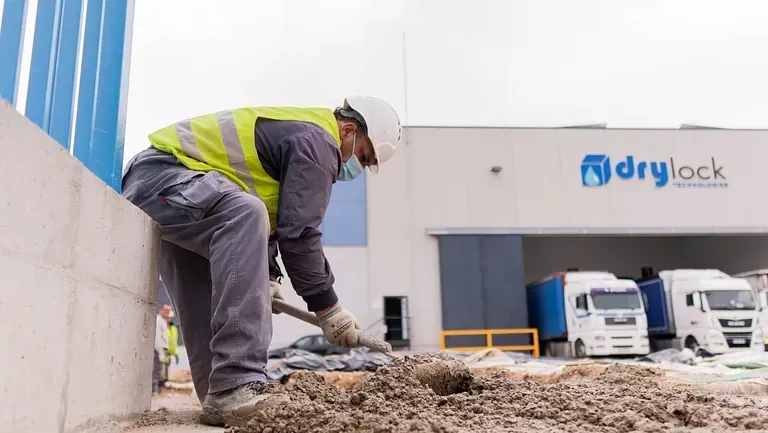 Un trabajador de la construcción está cavando un hoyo en el suelo frente a un edificio.
