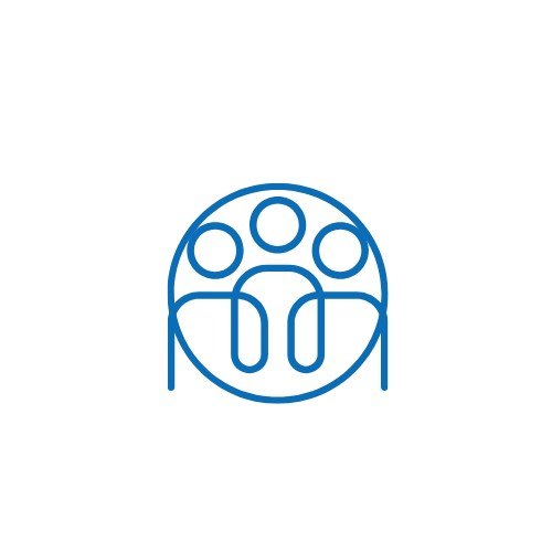Un icono de línea azul de un grupo de personas en un círculo.
