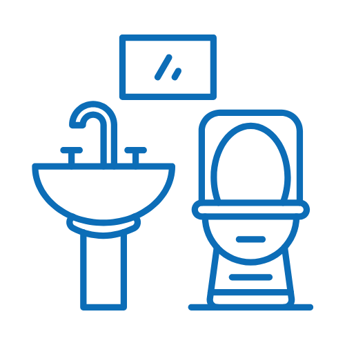Un dibujo lineal de un baño con lavabo e inodoro.