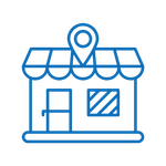 Un icono de línea azul de una tienda con un alfiler en el techo.