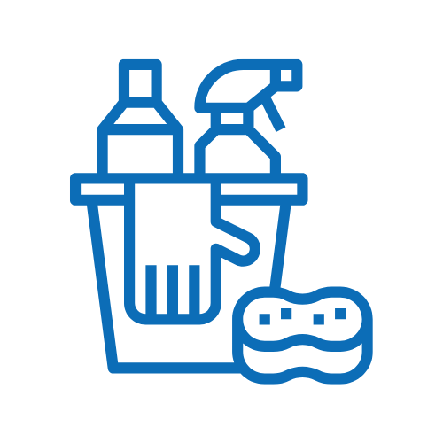 Un icono de línea azul de un balde lleno de productos de limpieza.