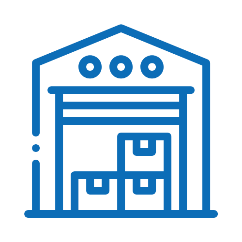 Un icono de línea azul de un almacén con cajas dentro.