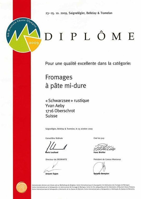 Diplom - Vreneli's Bergkäsereien - Plaffeien