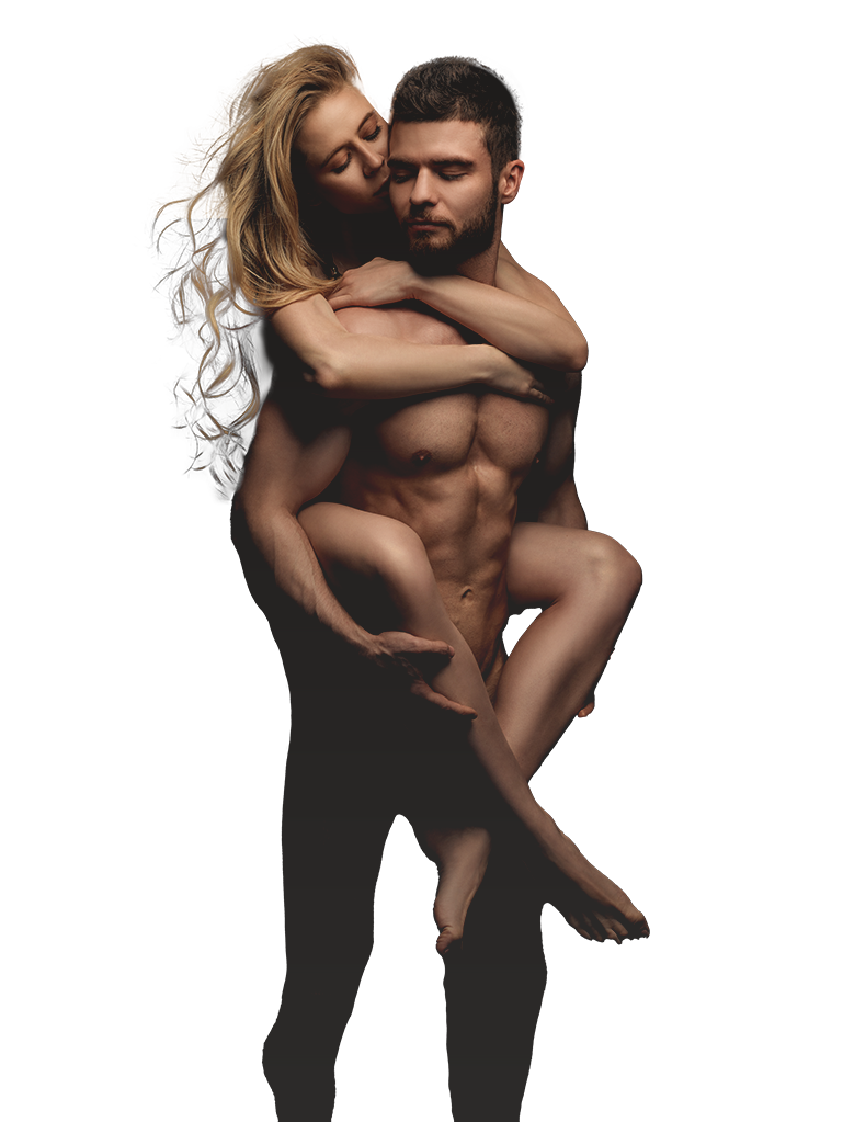 Un homme nu portant une femme nue sur son dos