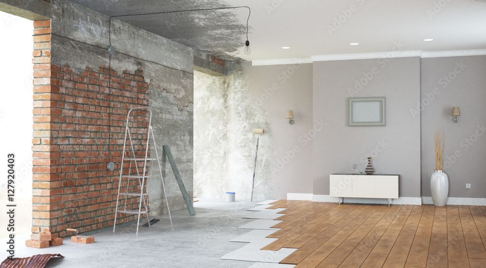 Partially renovated living room with exposed brick wall, concrete ceiling, and wood floor.