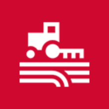 Un icono de un tractor y una llave sobre un fondo rojo.