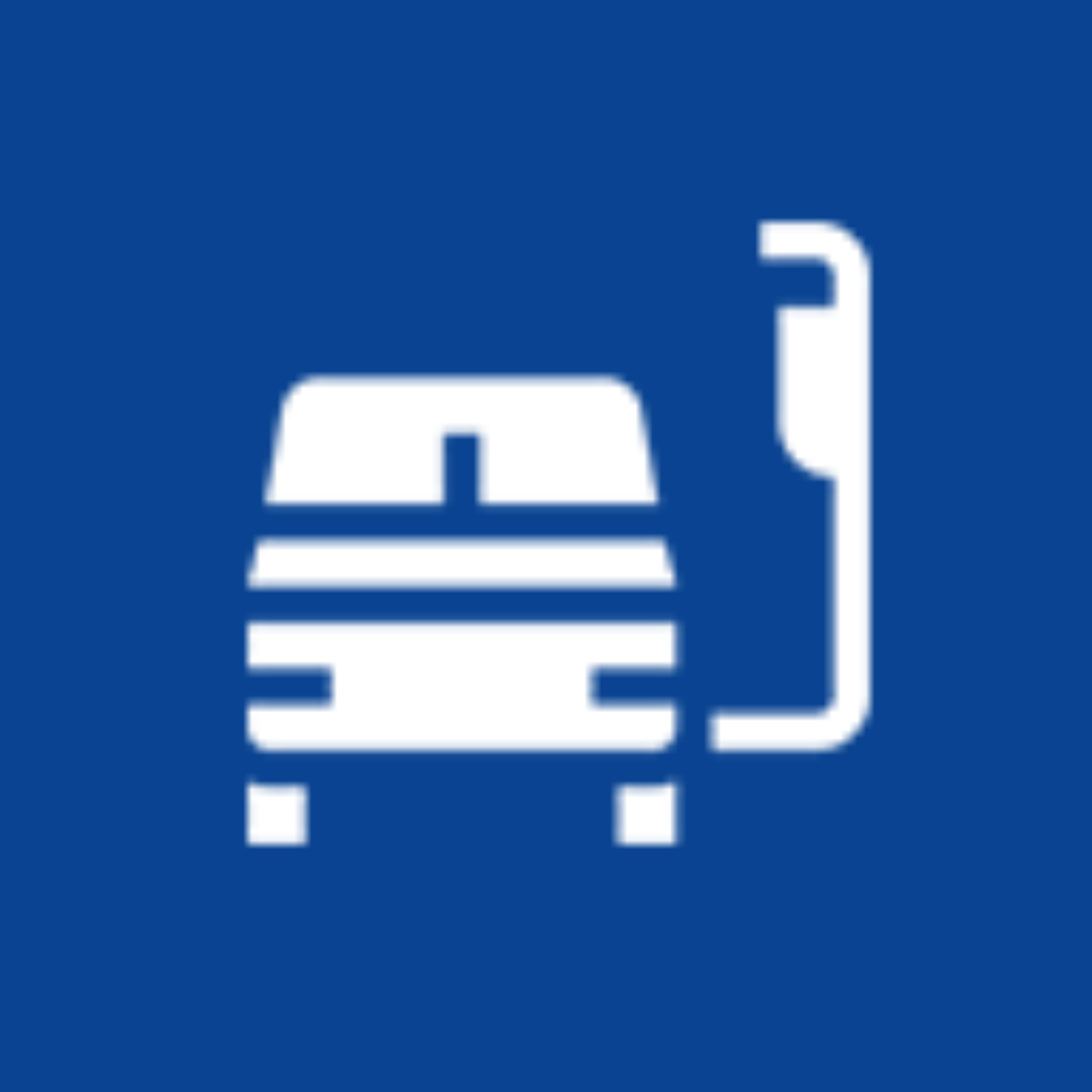 Un fondo azul con un icono blanco de un coche.